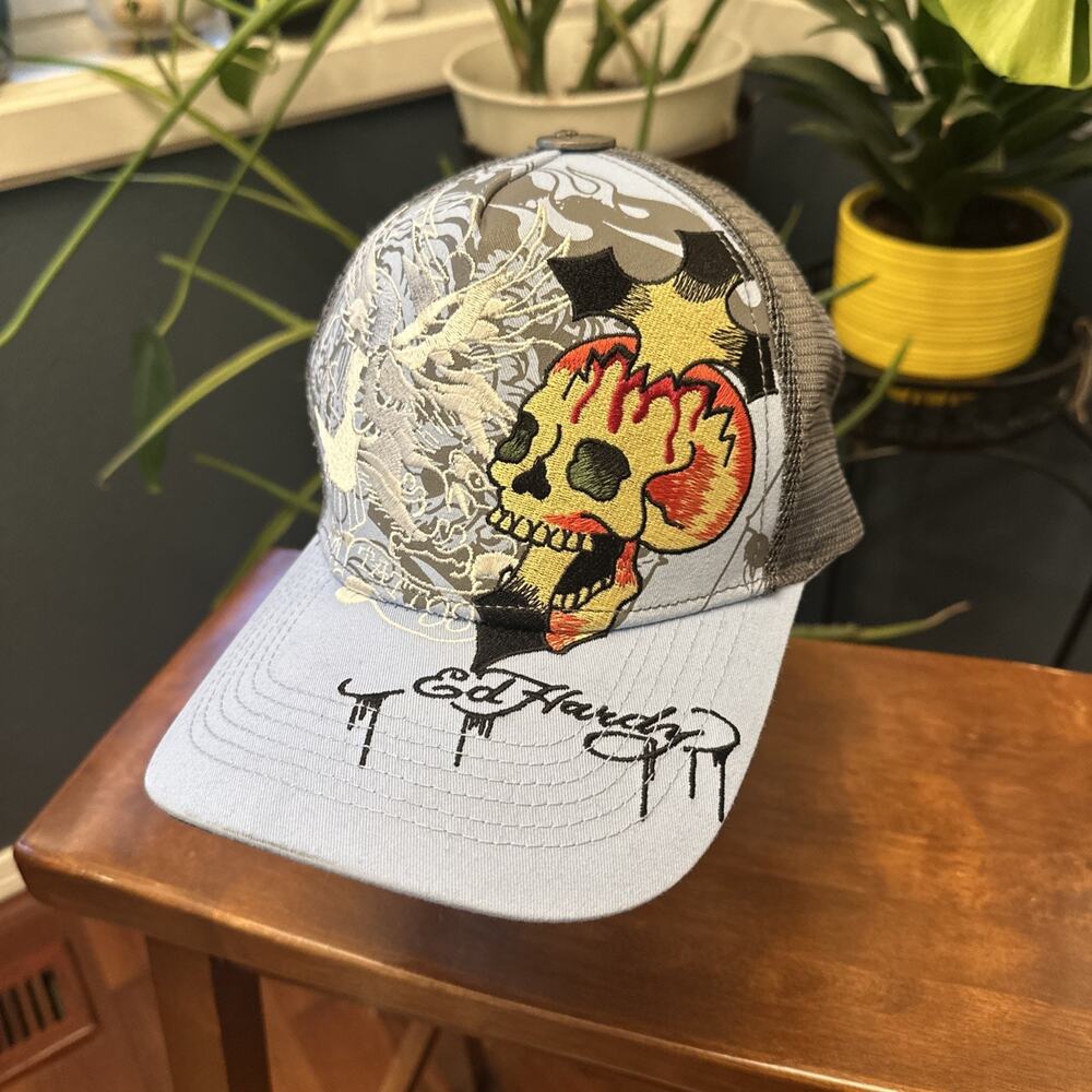 Ed Hardy Trucker Hat Cap Blue Skull Snapback Brand Mesh